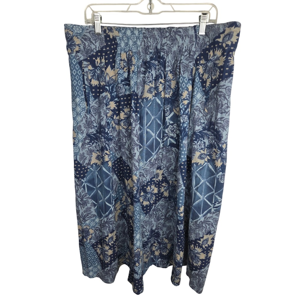 Coldwater Creek Midi Skirt L Blue Floral Patchwork Cotton Elastic Waist Pockets